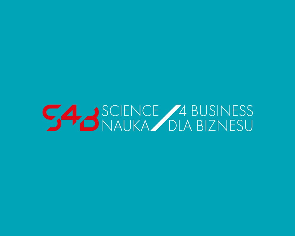 Logo programu Science4Business – Nauka dla Biznesu na turkusowym tle.